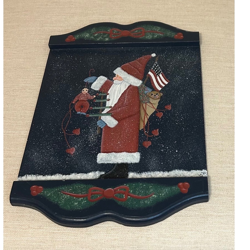 Vtg hand painted art Nostalgic Santa America Country Cottage Cozy Christmas wood